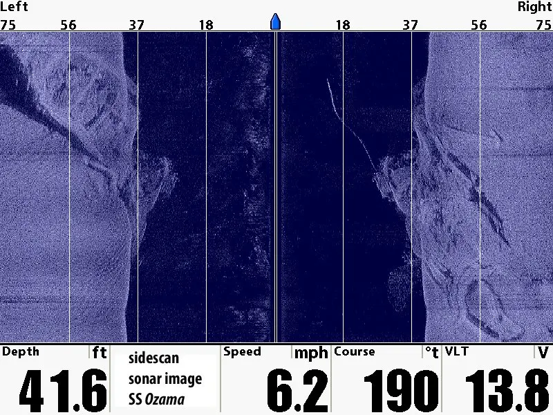 Side imaging sonar ekranında SS Ozama batığının görüntüsü