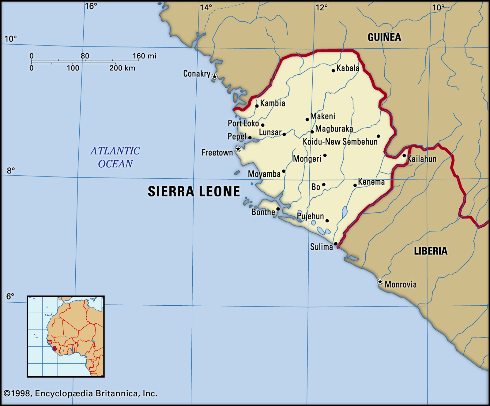 Sierra Leone haritası: Atlas Okyanusu kıyısı, Freetown ve komşu ülkeler Gine ile Liberya